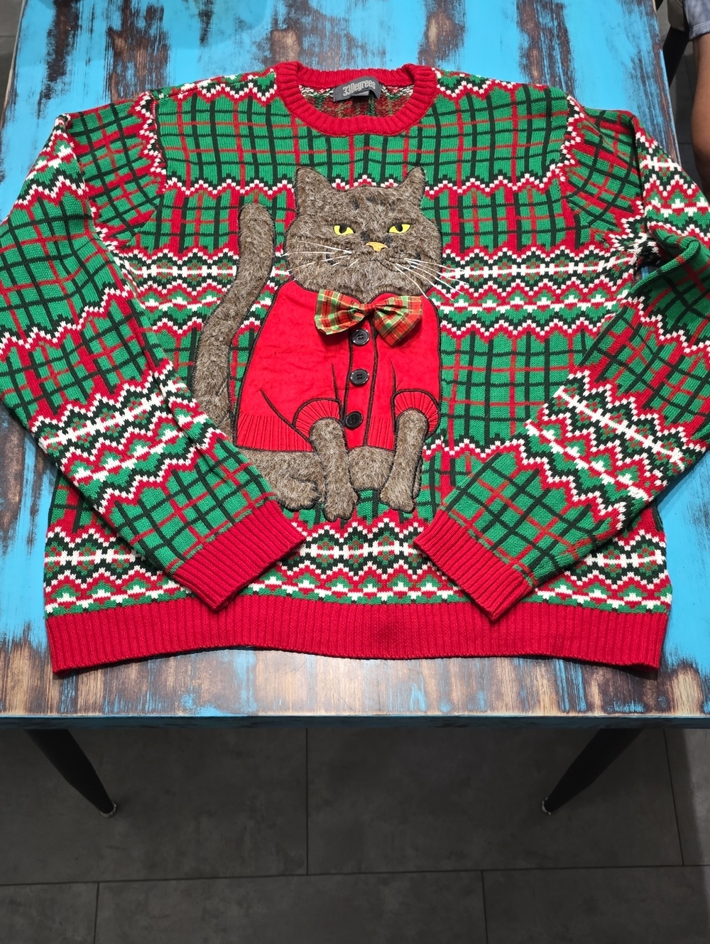 Men's Festive Cat Crewneck Sweater - Red & Green